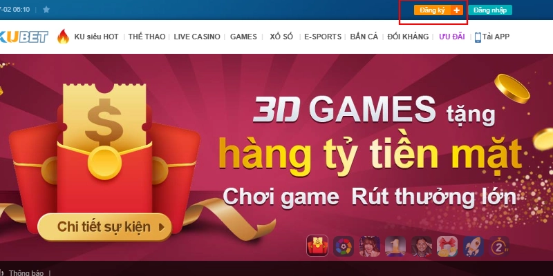 Bấm nút yêu cầu đăng ký tài khoản ở góc trên bên phải màn hình trang chủ